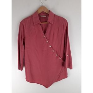Soft Surroundings Pink Asymmetric Surplice Button 3/4 Sleeve Tencel Top Boho PS